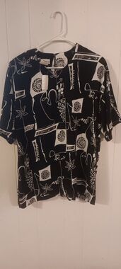 Peter Popovitch VTG Blouse Black/White Abstract Floral Shell Beachy Retro XL